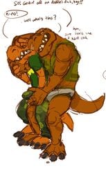 2017 age_difference anthro blush bulge camo dinosaur dj_mixer_(character) english_text erection father_and_son green_shirt grope incest male muscular orf simple_background speech_bubble text underwear white_background yaoi