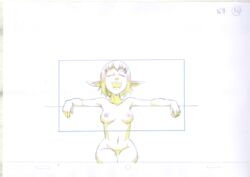 animation_cel ankama closed_eyes color_trace cra elf evangelyne female limited_palette naked navel nipples nude open_mouth outstretched_arms png pointy_ears production_art short_hair sitting smile wakfu