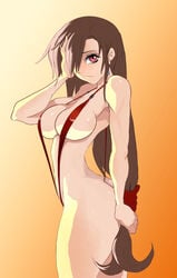 :/ absurdres ass bikini breasts brown_hair covering_one_eye earrings female female_only final_fantasy final_fantasy_vii frown gradient_background hair_between_eyes hair_grab hand_on_own_face highres human large_breasts long_hair looking_at_viewer low-tied_long_hair orange_background pink_eyes red_bikini red_eyes sideboob sidelocks simple_background sling_bikini solo standing sweat sweatdrop swimsuit tifa_lockhart wet xplotter