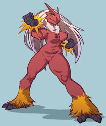 anthro areola avian blaziken breasts female female_only fighting_stance furry green_eyes large_breasts long_hair navel nipples nude perspective pokemon pokemon_(species) pose simple_background smile solo standing toomanyboners white_hair