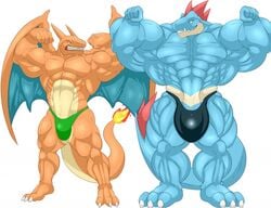 2boys abrahamsillo alligator charizard crocodile dragon feraligatr full-length_portrait full_length lizard male_only multiple_boys muscular nintendo pokemon pokemon_(species) portrait posing reptile scalie solo speedo standing