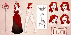 cleavage clothed crown empress full-length_portrait full_length gem model_sheet ninjakitty nude portrait queen red_eyes red_hair rod solo staff standing tattoo voluptuous wand