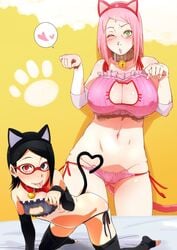 2girls :p all_fours alternate_breast_size animal_ears ass_visible_through_thighs bangs barefoot bed bell bell_collar big_breasts black_bra black_eyes black_hair black_legwear black_panties blush boruto:_naruto_next_generations bra breasts cameltoe cat_cutout cat_ear_panties cat_ears cat_lingerie cat_tail cleavage_cutout closed_mouth collar cowbell detached_sleeves erect_nipples facial_mark fake_animal_ears fake_tail female_only forehead_mark frilled_bra frills green_eyes groin heart heart_tail heterochromia huge_breasts jingle_bell large_breasts looking_at_viewer lowleg lowleg_panties mature medium_hair meme_attire mother_and_daughter multiple_girls naruto navel on_bed one_eye_closed panties parted_lips paw_pose paw_print pink_bra pink_hair pink_panties sakura_haruno sarada_uchiha sharingan short_hair side-tie_panties small_breasts standing sunahara_wataru swept_bangs tail thighhighs toeless_legwear tongue tongue_out underwear underwear_only yellow_background