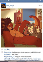 anthro artdecade balls bear camera_view dragon duo ear_piercing erection fileossur furry grin humanoid_penis indoors instagram lying male mammal nipple_piercing nipples nude on_back penis penis_grab piercing pubic_hair selfie v vein willy_(artdecade) yaoi