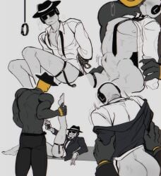 2boys anal anal_sex belly_bulge blush chance_(forsaken) drooling forsaken_(roblox) gay gay_sex grey_skin mafioso_(dream_game) roblox_game size_difference sweat tied_hands yaoi yellow_skin