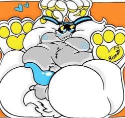 algebraliens alien anthro ass balls bondage bound digital_media_(artwork) eyewear flustered genitals heart_symbol hi_res male moobs nine_(bfb) obese object_shows overweight paws penis solo sunglasses tentacle_penis the_power_of_two x_finds_out_his_value xfohv