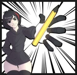 1girls big_thighs clothed female hoodie jun_(mdrg) my_dystopian_robot_girlfriend pencil thighhighs thighs