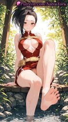 1girls 2025 ai_generated bare_arms bare_shoulders barefoot belt black_hair blush boku_no_hero_academia breasts center_opening cleft_of_venus closed_mouth dress feet hair_pulled_back hi_res high_ponytail highres large_breasts legs looking_at_viewer momo_yaoyorozu my_hero_academia natsuyoru nipple_slip nipples no_panties outdoors patreon ponytail pussy rock sitting skirt smile soaking_feet soles solo toes vagina voluptuous voluptuous_female water wet yaoyorozu_momo