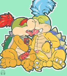 anthro balls bandana barbs barefoot bowser_jr. brothers closed_eyes cock_ring duo erection foreskin forked_tongue front_view girly humanoid_penis incest kissing koopa koopaling larry_koopa male male_only mario_(series) mostly_nude nintendo onomatopoeia partially_retracted_foreskin penis precum puggy scalie sibling signature sitting sound_effects spiked_bracelet spikes tongue tongue_out tusks uncut video_games yaoi young