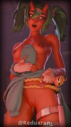 bandage bandage_on_face bandage_on_nose belt belt_buckle breasts completely_nude completely_nude_female demon demon_girl demon_horns fingerless_gloves flash flashing flashing_pussy fortnite gloves green_hair hair hair_ornament hairclip hairclips looking_at_viewer looking_down looking_down_at_viewer nemia_(fortnite) nude nude_female open_mouth pussy pussy_juice pussy_juice_drip red_skin reduxran shiny shiny_skin smile smiling smiling_at_viewer sweater_around_waist twintails