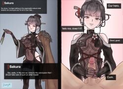 1boy 1boy1girl 1girls 2koma big_breasts black_bodysuit breast_curtains commander_(nikke) dialogue english english_text female goddess_of_victory:_nikke hair_bun hair_ornament handjob hands_on_penis hip_vent japanese_clothes jerking jerkingoff light-skinned_female light-skinned_male looking_at_viewer male male_pov pov red_eyes sakura_(midnight_stealth)_(nikke) sakura_(nikke) shoulder_cutout straight sweagul swegul text