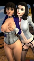 2girls 3d 3d_(artwork) big_breasts bioshock bioshock_infinite bottomless breast_hold breasts burial_at_sea busty cleavage cosmicnoctis curvaceous curvy duo elizabeth_comstock exposed_breasts eyeshadow female female_only garter_belt garters huge_breasts human lipstick makeup navel nipples nude nudity pussy red_lipstick red_nails selfcest source_filmmaker thick_thighs vulva wide_hips