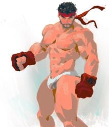 1boy abs bara biceps bulge facial_hair legs looking_at_viewer male male_focus male_only muscular muscular_arms muscular_male nipples pecs pectorals ryu_(street_fighter) shirtless simple_background solo solo_male standing street_fighter thighs thong topless topless_male yangtuokawayi