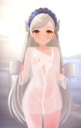 absurdres blush breasts casual coffee_mug cup dullahan_(alekey_art) female grey_hair hairband highres holding holding_cup human innie_pussy lavenza long_hair looking_at_viewer navel nightgown nipples nude pale_skin persona persona_5 pussy robe robe_only shaved_pussy small_breasts smile solo transparent_clothing very_long_hair yellow_eyes