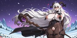 ahoge ai_generated blush breasts cute female gloves heart holding holding_staff horn_ornament horns huge_ass huge_breasts juswa large_ass large_breasts long_hair mole nipple_piercing nipples open_mouth outdoors pantyhose pointy_ears pussy revealing_clothes skindentation solo staff thicc thick_thighs thighs torn_clothes uncensored very_long_hair white_hair wind yellow_eyes