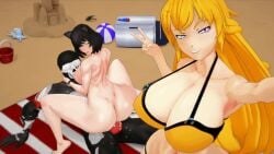 1boy 2girls beach beach_towel beachball bikini bikini_bottom bikini_top blake_belladonna cowgirl_position female female_on_top grimm_(rwby) male monster monster_boy monster_cock morepolygons11 nude_female nude_male ponytail purple_eyes rwby yang_xiao_long yellow_eyes