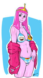 adventure_time bikini breasts cameltoe cartoon_network circlet cleavage eyelashes female finn_the_human ice_king izra jacket jake_the_dog large_breasts long_hair pink_hair pink_skin princess_bubblegum solo standing very_long_hair