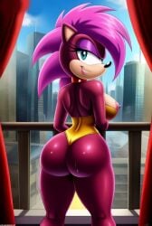 ai_generated ass breasts eyes female lips long_hair magenta_fur pink_hair sand sea seductive seductive_look sega solo_female sonia_the_hedgehog sonic_(series) sonic_the_hedgehog_(series) sonic_underground view viewed_from_behind