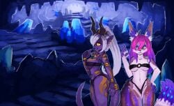 anthro demon duo ear_piercing female female/female fur green_eyes hair hera_(lunarmagic) hi_res horn piercing pink_body pink_fur pink_hair purple_body purple_fur purple_scales raptorartstudio scales skimpy_bikini vakari white_body white_fur yellow_eyes