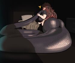 ass bed bedroom belly caught eating_tail female huge_butt huge_tail lamia naga red_hair sargasso_sakana scales snake_girl snake_tail