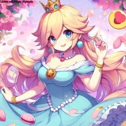 1girls aegis_elysium ai_generated background blonde_hair blue_dress blue_eyes blush blushing_at_viewer breasts cleavage collarbone crown dress earrings edit edited female female_focus gem grabbing hair_ornament headpiece highres holding huge_breasts jewelry large_breasts long_hair looking_at_viewer mario_(series) navel nintendo peach pin-up princess princess_dress princess_peach princess_peach:_showtime! simple_background smile solo solo_focus standing super_mario_bros. super_mario_galaxy thick_breasts thick_thighs tiara very_long_hair white_background