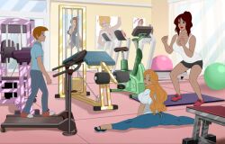 1boy 2girls alicia_(milftoon_drama) blonde_hair blue_eyes breasts brown_hair dumbbell exercise female gym indoors inusen joey_(milftoon_drama) kunt_stable_(milftoon_drama) long_hair male milf milftoon_drama multiple_girls pants ponytail red_hair shirt shorts split stretching tank_top