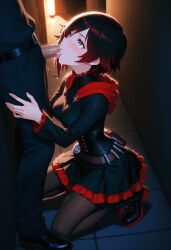 ai_generated black_boots black_dress blowjob boots cum cum_in_mouth cum_on_face dress ejaculation kneeling mouth on_knees open_mouth penis penis_in_mouth ruby_rose rwby silver_eyes sucking sucking_penis