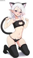absurdres animal_ears breasts cat_ears cat_lingerie cat_tail elf enis_(roswell_ss) grey_eyes highres medium_breasts medium_hair meme_attire mole mole_under_eye paw_pose piercing pointy_ears roswell_ss tail white_hair