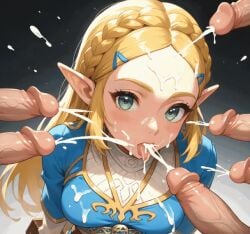 ai ai_generated animated anime anime_girl anime_style braids bukkake cum ejaculation elf elf_ears elf_girl fellatio_gesture female gangbang multiple_boys multiple_penises princess_zelda semen semen_in_mouth semen_on_body zelda_(breath_of_the_wild)