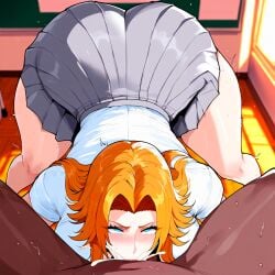 1boy 1girls ai_generated ass big_ass bleach blowjob breasts cum cum_in_mouth cum_inside deepthroat erodreams fellatio female huge_ass large_ass male matsumoto_rangiku orange_hair school_uniform straight