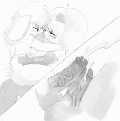 absurd_res anthro balls bear bodily_fluids breasts close-up cum cumshot dante_(pimpwalker1) duo ejaculation english_text female frottage genital_fluids genitals giant_panda hi_res lagomorph leporid male male/female mammal monochrome penile pimpwalker1 rabbit saliva saliva_string sex sitting_in_lap tail tail_motion tailwag text vein