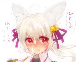 animal_ear_fluff animal_ears bell black_necktie blush collared_shirt cum cum_on_body cum_on_hair facial female fox_ears fox_girl genetic_(ragnarok_online) hair_bell hair_ornament heart heart-shaped_pupils jacket jingle_bell long_hair looking_at_viewer low_ponytail necktie official_alternate_costume ponytail purple_ribbon ragnarok_online red_eyes red_shirt ribbon shirokuro_(erisnoa) shirt simple_background solo symbol-shaped_pupils translation_request white_background white_hair white_jacket