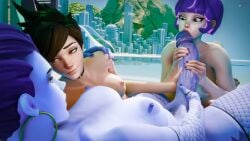 16:9 1futa 2girls 3d big_breasts big_penis breasts brown_hair fellatio female fishnets futa_on_female futanari huge_cock intersex juno_(overwatch) large_penis multiple_girls overwatch overwatch_2 penis purple_hair purple_skin syna tracer widowmaker
