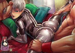 1girls 2boys animated beauty_and_the_beast_unit blue_eyes blush bodysuit clothed_female_nude_male faceless_male female grey_hair group human laughing_octopus male metal_gear metal_gear_solid metal_gear_solid_4 on_stomach penis reiq sex short_hair spread_legs straight