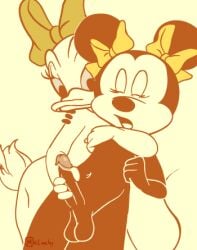 animated animated_gif anthro balls daisy_duck dickgirl disney duck female furry futanari handjob intersex malachi malachi-milkbar minnie_mouse mouse penis reach_around