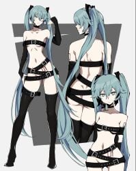 alternate_costume aqua_eyes aqua_hair belts female hair_ornament hatsune_miku kekel light-skinned_female light_skin simple_background sole_female solo tagme thighs twintails vocaloid