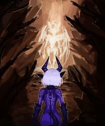 anthro ash_(lunarmagic) ass bodypaint demon female hair hi_res horn purple_body purple_scales raptorartstudio scales solo tail white_hair