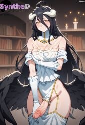 1futa ahoge ai_generated albedo_(overlord) artist_name artist_signature bare_shoulders black_hair black_wings breasts demon_girl demon_horns demon_wings dress erection feathered_wings futa_only futanari gloves hair_between_eyes hi_res high_resolution highres horns indoors intersex large_breasts light-skinned_futanari long_hair looking_at_viewer low_wings overlord_(maruyama) patreon penis slit_pupils smile solo synthed uncensored white_horns wings yellow_eyes