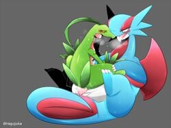 achi anal anal_sex blush cum cum_in_ass cum_inside dragon duo erection grovyle heart japanese_text lizard male nintendo nude open_mouth panting penetration penis pokemon reptile salamence scalie sex sweat text tongue video_games wings yaoi