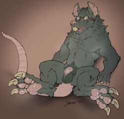 2025 3_toes anthro armpit_tuft balls big_feet bodily_fluids body_hair buckteeth claws danero digitigrade dripping eyewear eyewear_only feet foreskin front_view fur genital_fluids genitals goggles goggles_only grey_body grey_fur hairless_tail half-erect happy_trail hi_res league_of_legends lying male mammal mostly_nude murid murine musky_armpit musky_penis nude on_back pawpads penis pink_eyes pink_nose precum precum_drip pubes rat riot_games rodent solo teeth tencent toe_claws toes twitch_(lol) whiskers yellow_teeth