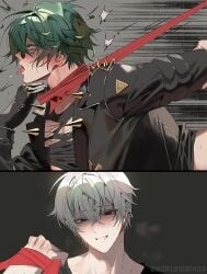 2boys choking clothed clothed_sex gay gay_male leash_pull lighter_(zenless_zone_zero) male nori31291404 open_mouth ripped_clothing tongue_out wise_(zenless_zone_zero) yaoi zenless_zone_zero