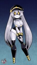 big_breasts breast_press breasts commission commissions_open murder_drones oc pigtails pin_up procyon't procyonsfw_star robot robot_girl robot_humanoid white_body white_hair yellow_eyes yellow_nipples