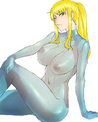 1girls areolae ban blonde_hair breasts edit female green_eyes looking_at_viewer metroid navel nintendo nipples ponytail samus_aran see-through simple_background sitting solo tied_hair zero_suit zero_suit_samus