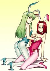 2girls :o amber_eyes ass big_breasts blue_eyes blush breast_grab bunny_ears bunnysuit c.c. code_geass duo embarrassed female female/female female_only green_eyes groping groping_breasts high_heels hijiri_rei kallen_stadtfeld kneeling light_skin looking_at_viewer looking_back open_mouth red_eyes sideboob small_breasts yellow_eyes yuri