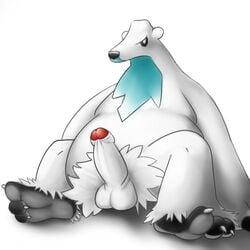 anthro anthro_only balls bear beartic erection fur humanoid_penis ilaima looking_at_viewer male male_only mammal nintendo penis pokemon polar_bear sitting solo uncut video_games white_fur