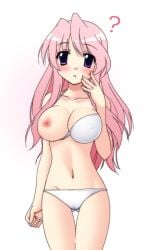 1girls ? artist_request bikini blue_eyes blush erect_nipples female looking_at_viewer lucky_star miyuki_takara no_glasses pink_hair pink_nipples simple_background solo tagme wardrobe_malfunction