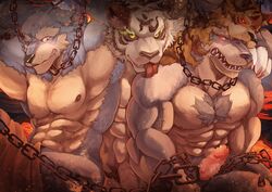 abs anthro biceps canine censored feline fur glowing glowing_eyes licking male male_only mammal muscular muscular_male necktie nipples pecs soddy tiger tongue tongue_out wolf