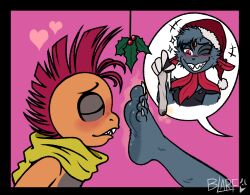 2022 4_fingers 4_toes anthro anthro_on_anthro anthrofied bangs biped black_clothing black_eyebrows black_nose black_topwear blarf022 blush cheek_tuft claws closed_eyes clothed clothing countershade_feet countershading dark_eyelids digital_drawing_(artwork) digital_media_(artwork) duo eye_through_hair eyebrow_through_hair eyebrows eyelashes facial_tuft fan_character fang_the_weavile fangs feet female finger_claws fingerless_gloves fingers foot_fetish foot_sniffing forehead_gem fur gambit_the_scrafty gem generation_4_pokemon generation_5_pokemon gloves hair handwear head_tuft heart_symbol hi_res holly_(plant) humanoid_feet male male/female mammal mohawk musk musk_cloud naughty_face neck_tuft nintendo notched_ear plant plantigrade pokemon pokemon_(species) pokemorph red_eyes red_hair scalie scrafty sharp_teeth side_view signature simple_background smelly smelly_feet sniffing socks_removed soles speech_bubble stink_fumes stink_lines teasing teeth text thick_eyelashes toe_claws toes topwear translucent translucent_hair tuft weavile white_claws