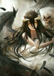 1boy 1girls ainz_ooal_gown albedo_(overlord) dakimakura_(object) feather female horns long_hair male nude official_art overlord_(maruyama) solo tagme wings yellow_eyes