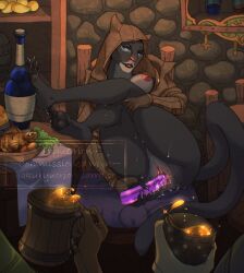 5_toes alcohol anthro audience barefoot beverage black_body black_fur blue_eyes bodily_fluids breasts chair claws clothed clothing dildo feet felid feline female female_focus food foot_on_table fur furniture genitals group hakuryuorion hi_res hood humanoid_feet khajiit khamira leg_grab mammal masturbation microsoft nipples on_chair pawpads penetration plantigrade plantigrade_pawpads public pussy sex_toy sex_toy_insertion sitting sitting_on_chair table tail the_elder_scrolls the_elder_scrolls_online thigh_grab toe_claws toes vaginal_penetration vaginal_penetration